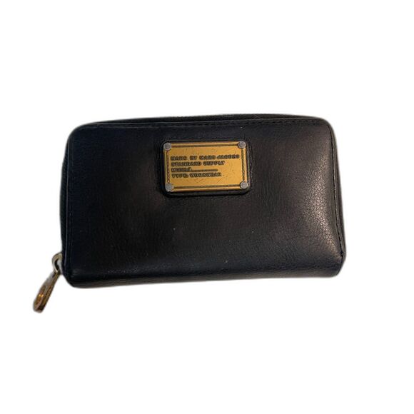Marc Jacobs Black Leather Wallet Zip Around Logo Lining 6" - Picture 1 of 11